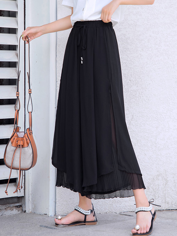 New Chiffon Slit Nine Wide Leg Pants Summer High Waist Drape Casual Loose Culottes Female Solid Loose Bohemia Skirt Pants 882F 201106