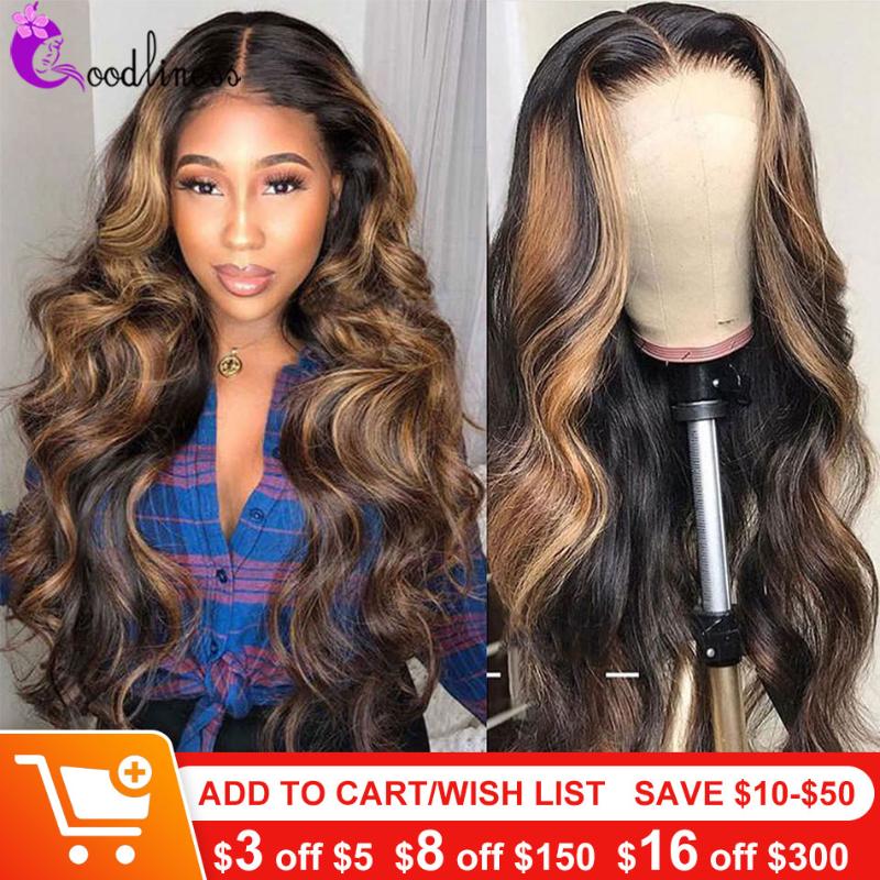 

Brown and Blonde Highlight Body Wave Wig Brazilian 1B 27 30 Burgundy 99J Ombre Human Hair Wigs 150% 13x4 Highlighted Frontal Wig, Natural black wig