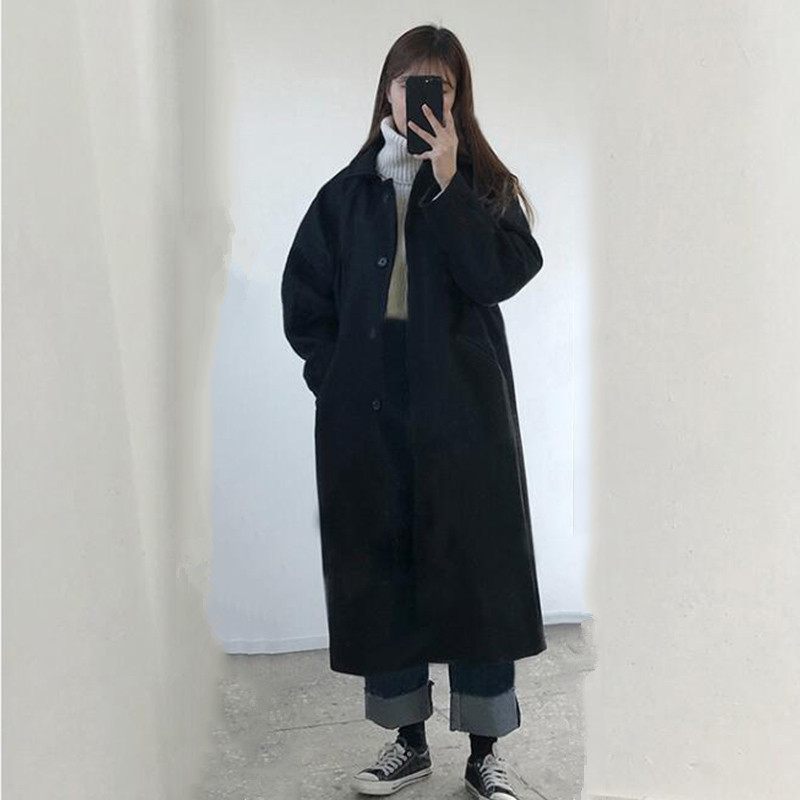 Bella philosophy Autumn Winter Woolen coat Simple Solid Leisure Single-breasted Turn-down Collar Female Long Woolen Coat 201103