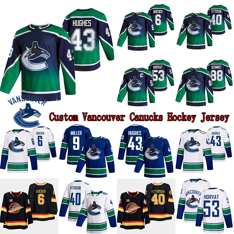 Custom Vancouver Canucks Jersey 43 Quinn Hughes 40 Elias Pettersson 6 Brock Boeser 9 J.T. Miller hockey jerseys, Black;red
Custom Vancouver Canucks Jersey 43 Quinn Hughes 40 Elias Pettersson 6 Brock Boeser 9 J.T. Miller hockey jerseys, Black;red