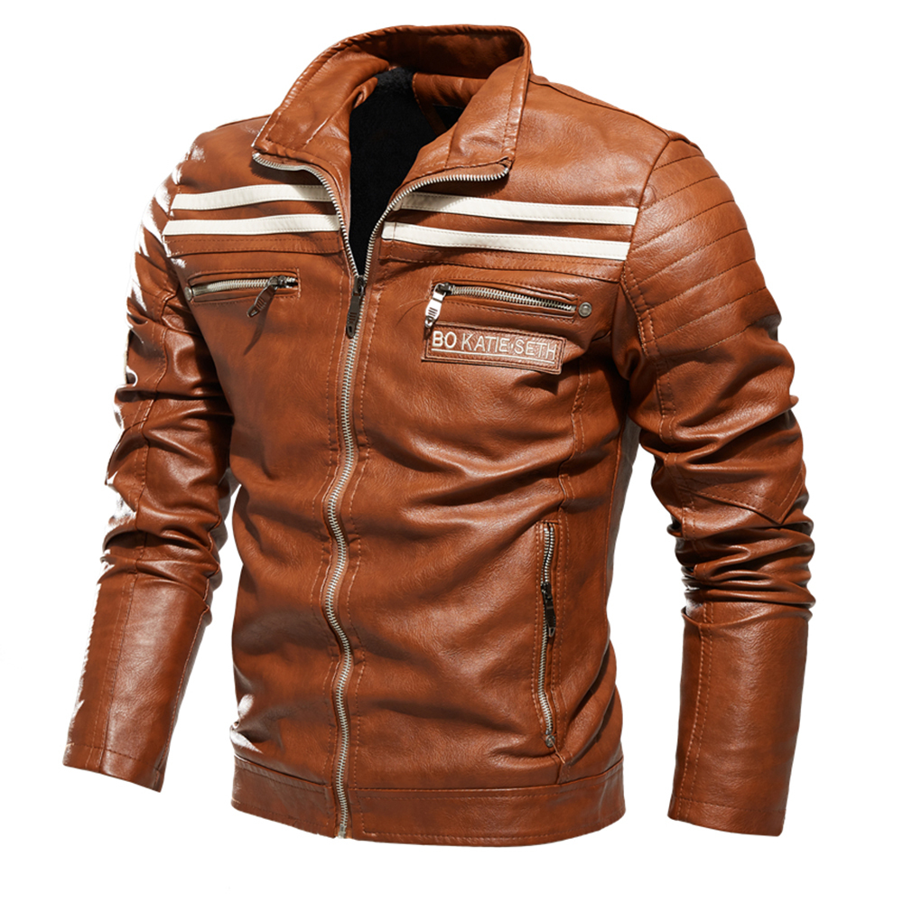 Men Jacket Zipper Leather Jacket Black Motorcycle Jacket Men Stripe Slim Fit Street Wear Coat Autumn Winter Fashion Tops 201104