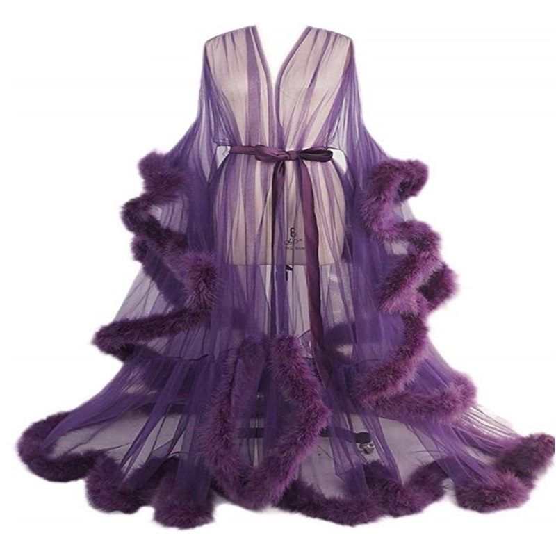 Real Image Wedding Bathrobe Long Sleeves Feather Sleep Wear Custom Made Pajamas Sexy Illusion Tulle Wedding Robe Nightgown