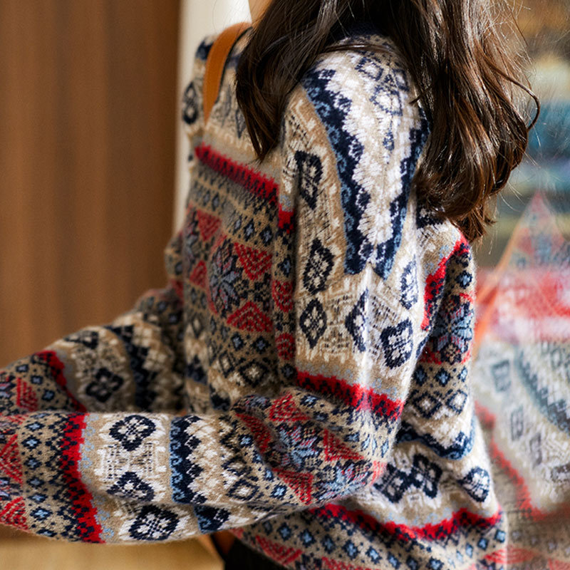 Women's Geometric Vintage Pullover Sweater O-neck Autumn Winter Loose Style Pull Jumpers Korean Knitwear Casual Sweaters Femme 201224