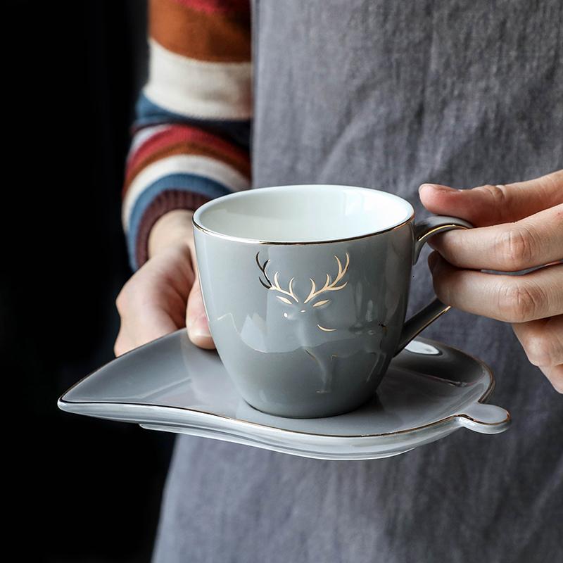 Nordic Elk Golden Edge Coffee Mug With Leaf Shape Tray Teaspoon Set Cafe Household Tumbler Cappuccino Espresso Cup Holder