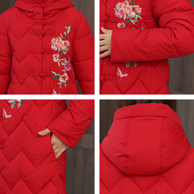 Chinese Style Women's Winter Jacket X-long Hooded With Embroidery Woman Parkas Plus Size Stand Collar Single Breasted Thick Coat 201125