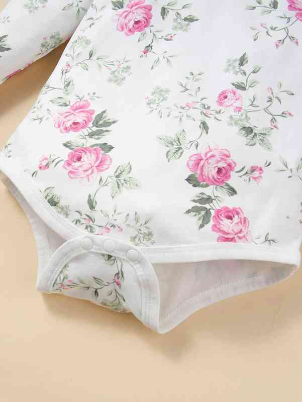 Baby Floral Print Ruffle Trim Bodysuit & Cable Textured Pants SHE