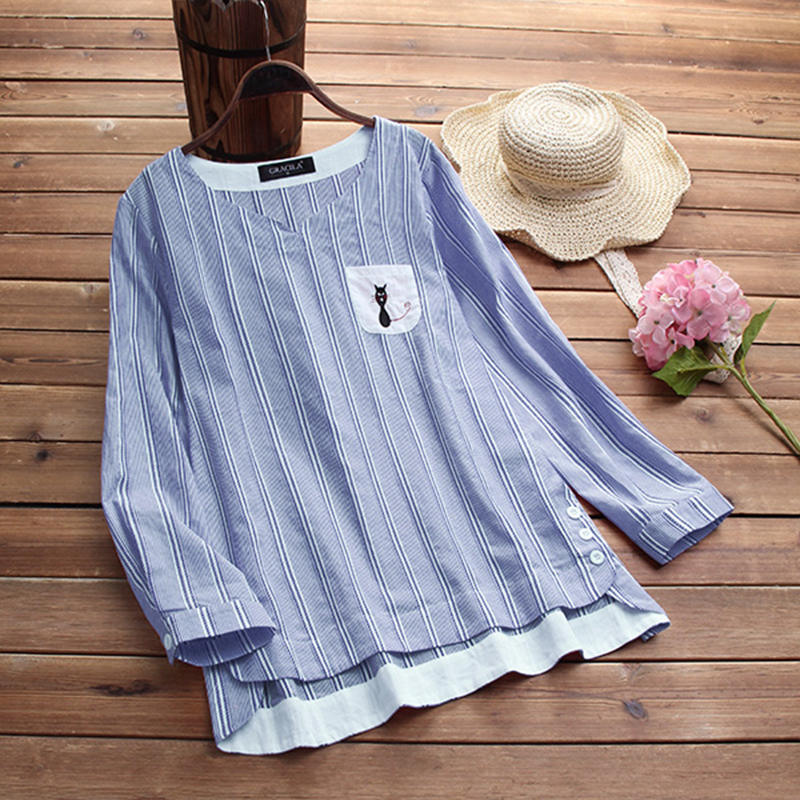 Women Blouse Ladies Autumn Long Sleeve Striped Shirts Casual Side Buttons Irregular Blouse V Neck Blusas Work Top Plus Size Y200930, Blue
Women Blouse Ladies Autumn Long Sleeve Striped Shirts Casual Side Buttons Irregular Blouse V Neck Blusas Work Top Plus Size Y200930, Blue