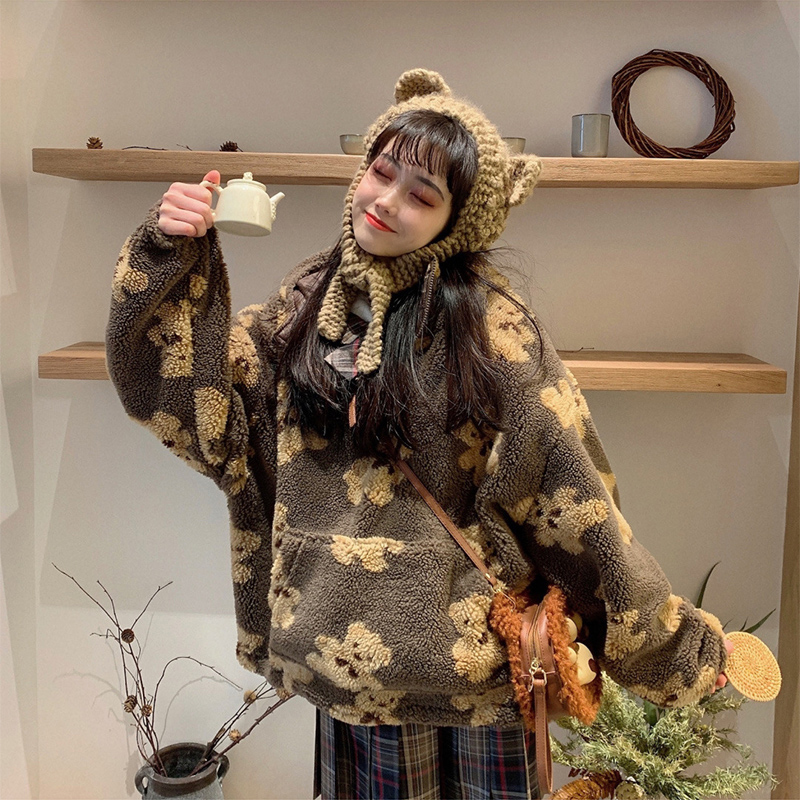 HWLZLTZHT Japanese Print Lamb Wool Coats Autumn Hooded Women Jacket Winter Oversize Warm Pullover Jacket women Outerwear 201126