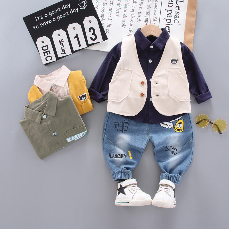 2020 Korean Style Handsome High Quality Kid Boys Clothes Set Long Sleeve Sweatshirt+Vest+Denim Pant 3Pcs Tracksuit BebesX1019