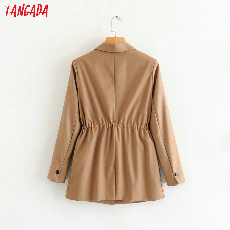 Tangada women solid blazer elegant Elastic waist sashes long jacket office ladies feminino formal suits 111 201114