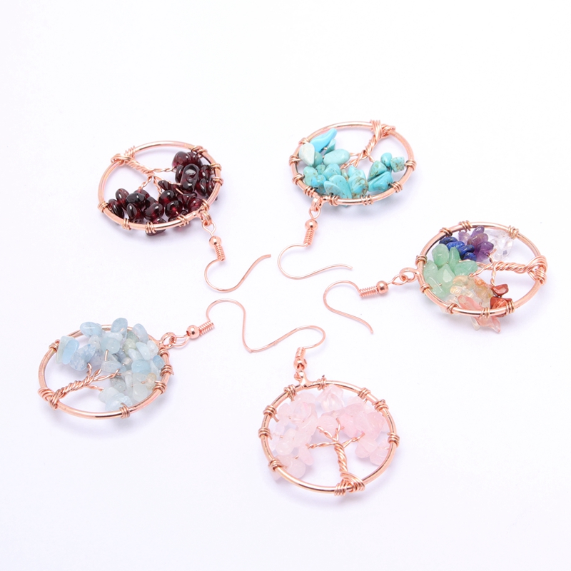 Hand-woven Tree of life Dangle Earrings Copper Wire Wrapped Natural Stone Round Wish-tree Rose Gold Charm Women Earring Reiki Healing Crystal DIY Jewe
