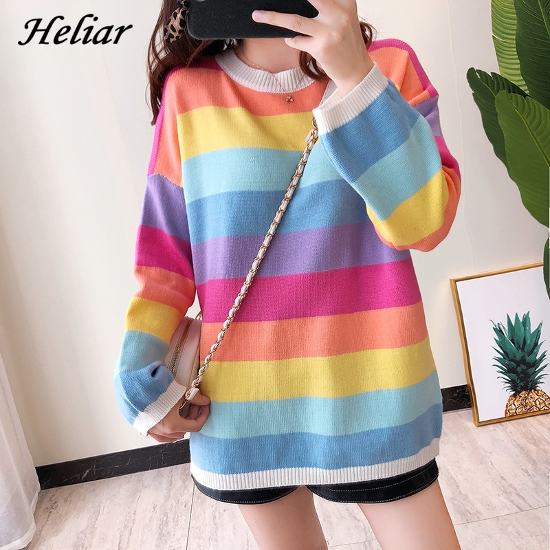 Heliar Autumn Winter Rainbow Stripe Sweater New INS Knit Sweater Long Sleeve Relaxed Lazy Style Women O Neck Pullovers 201017