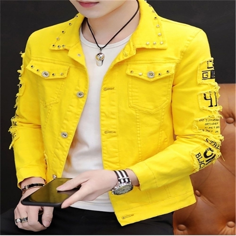 Spring Autumn Men's Ripped Denim Jacket Rivet Coat Cowboy Parka Jans Lapel Single-Breasted Outwear Tops 201123