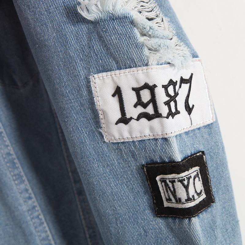Vintage Fashion Wash Water Distrressed Denim Jacket Embroidery Letter Loose Back Applique BF Denim Coat Hole Outerwear Female 201112