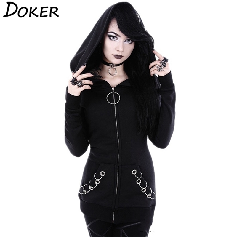 Women Punk Hoodie Sweatshirt Autumn Long Sleeve Iron Ring Hooded Zipper Jackets Casual Plus Size Black Tops Female Clothes 201211