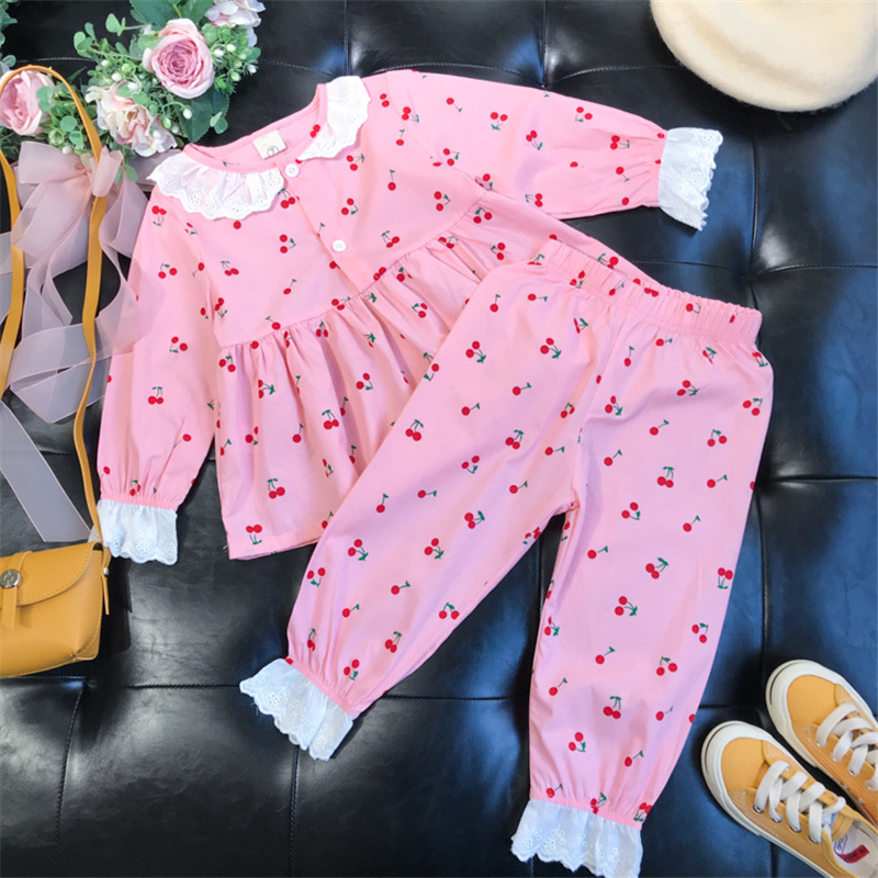 Humor Bear Spring Autumn New Girls Lace Cherry Pajama Set Baby Girl Home Service Thin Section Children's Long Sleeve 2pcs SuitX1019