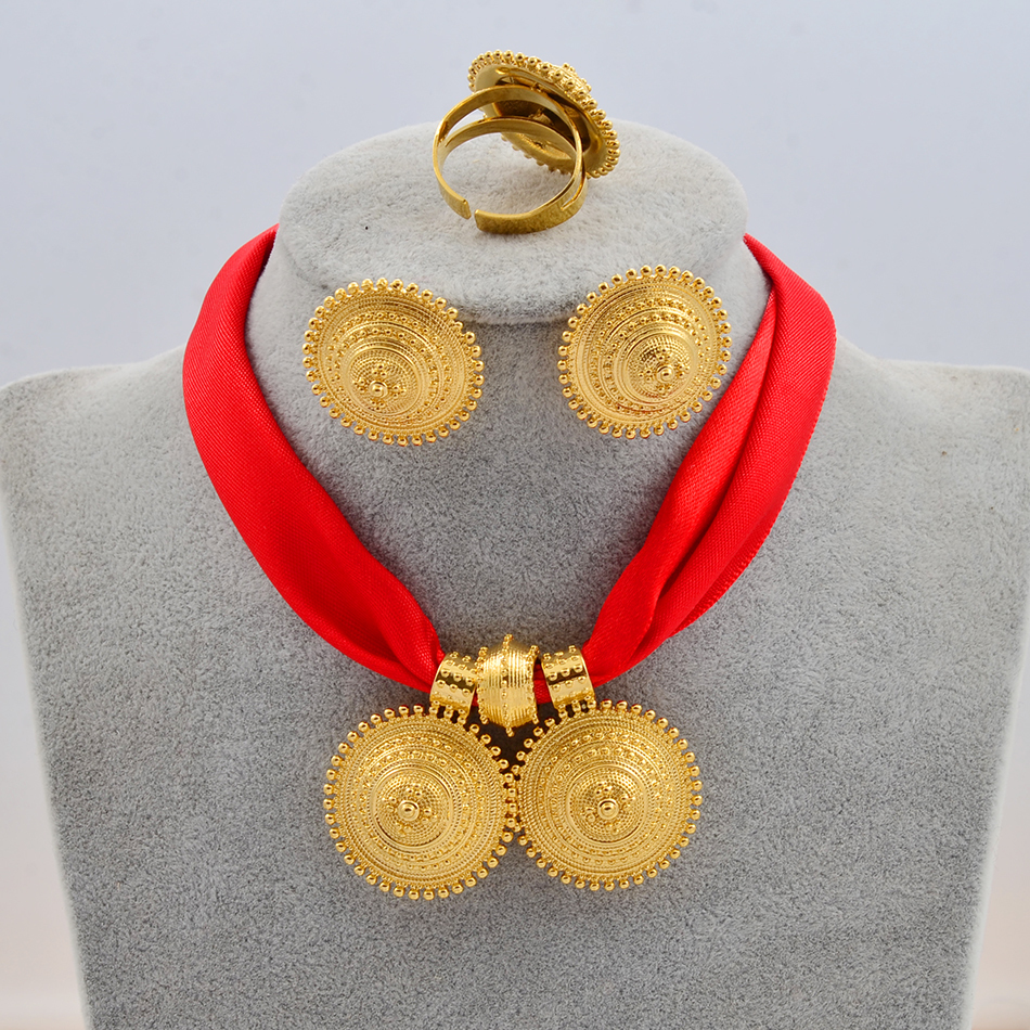 Anniyo DIY Rope Chain Ethiopian Jewelry Set Gold Color Eritrea Ethnic Style Habesha Pendant Earrings Ring #217106 201222