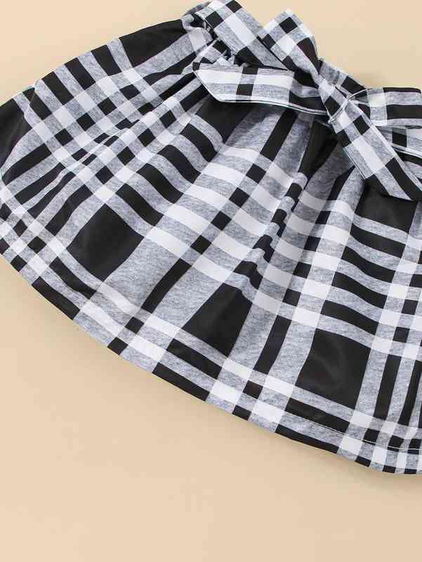 Baby One Shoulder Contrast Polka Dot Mesh Top & Plaid Belted Skirt SHE