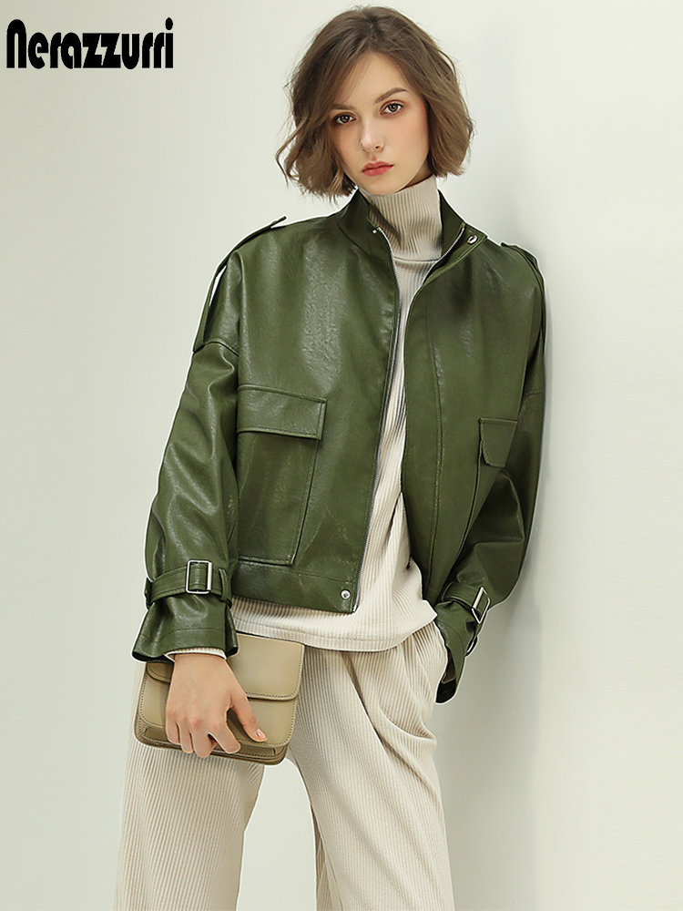 Nerazzurri zip up short green leather jacket women long sleeve Plus size fall women clothing Faux leather jackets women 7xl 201030