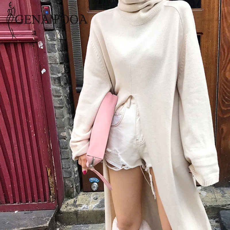 Genayooa Womens Turtleneck Pullover Sweater Long Sleeve Vintage Loose Knit Sweater Split Solid Long Jumper Ladies Korean Style 201030wtt