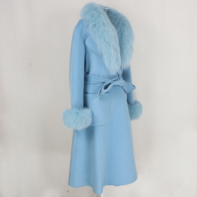 OFTBUY New Xlong Cashmere Wool Blends Real Fur Coat Belt Winter Jacket Women Natural Fur Collar and Cuffs Streetwear 201016