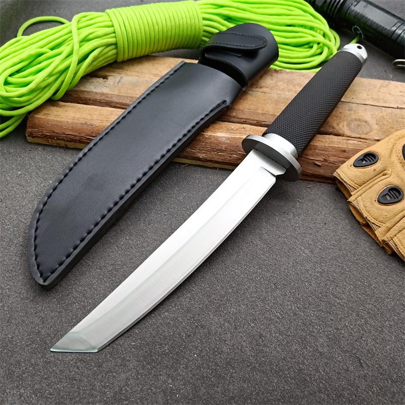 High Quality Classic Outdoor survival straight knife 440C Tanto point Satin Blade Rubber Handle Fixed Blade knives With Leather Sheath
High Quality Classic Outdoor survival straight knife 440C Tanto point Satin Blade Rubber Handle Fixed Blade knives With Leather Sheath