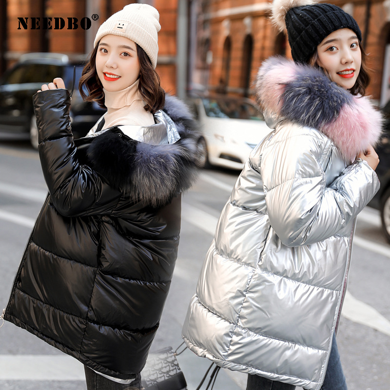 Winter Jacket Women fur Hooded Parka Glossy Winter Coat Women Oversized Puffer Jacket Casaco Cotton Padded Warm Womens Jacket 200928