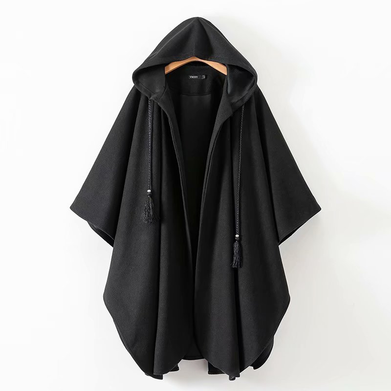 Winter Cloak Hooded Trench Coat Thick Woolen Women Gothic Cape Poncho Coat Open Cardigans Female Tassel Long Trench Overcoat 201111