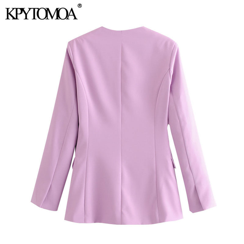 KPYTOMOA Women Fashion Office Wear V Neck Blazer Coat Vintage Long Sleeve Back Vents Pockets Female Outerwear Chic Tops 201106