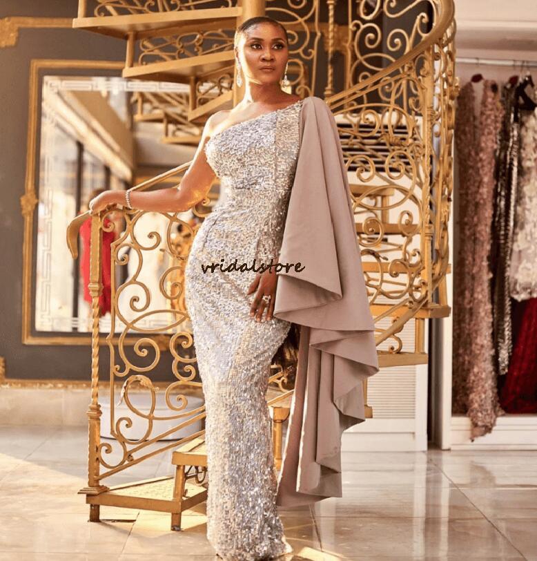 One Shoulder Sequin Evening Dress 2022 Cape Sleeve Plus Size Mermaid Floor Length African Prom Dresses For Black Girls Sparkle Formal Party Dress Sexy
