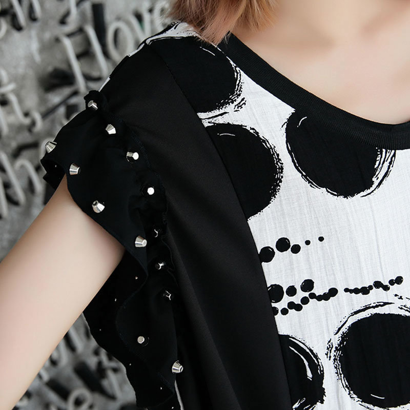 XITAO Dot Splice Mesh Rivet Midi Dress for Women Oversize Summer Short Sleeve Sexy Women Plus Size Dress Fashion DLL3570 T200416