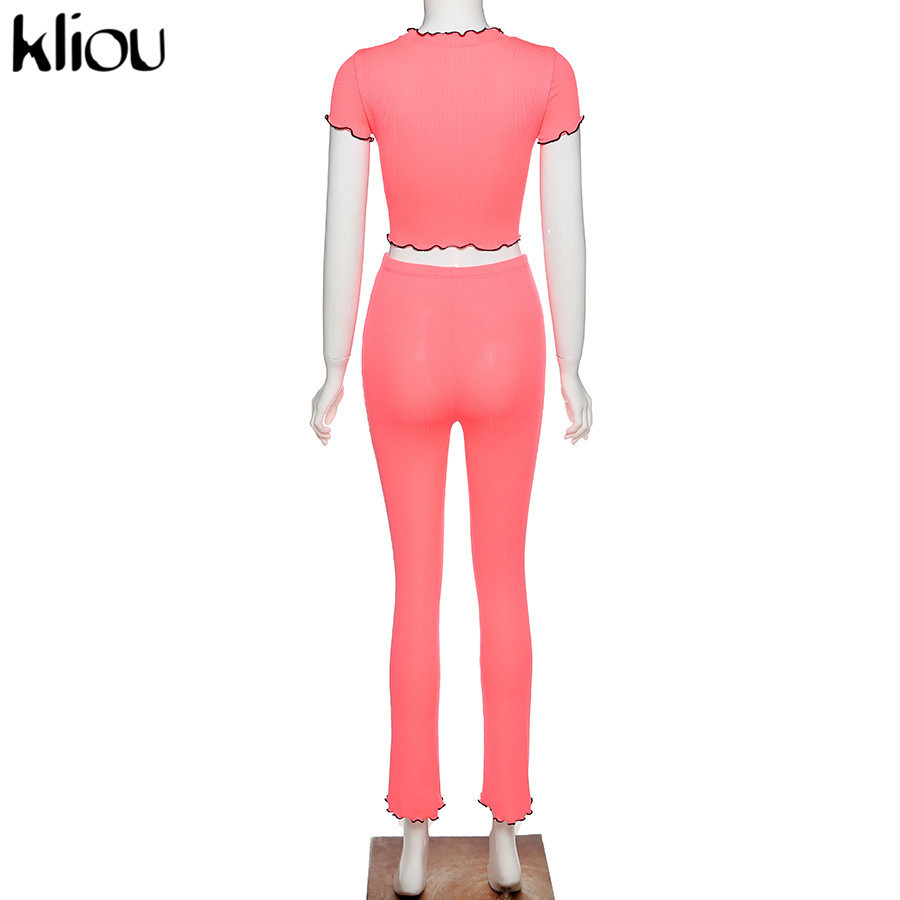 Kliou women Ruffles two pieces set bandage crop top + high waist slim leggings solid outfit skinny Ruffles fitness tracksuit 201104