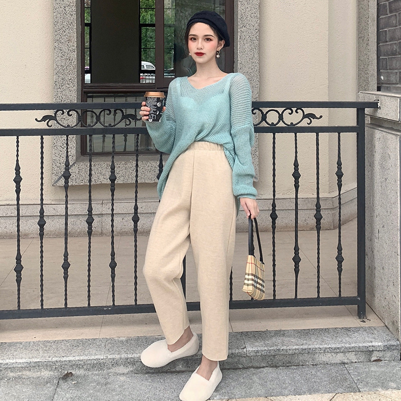 Grandma pants women's autumn and winter knitted highwaist loose radish pants 2020 new straight ninepoint casual wideleg pants T200422