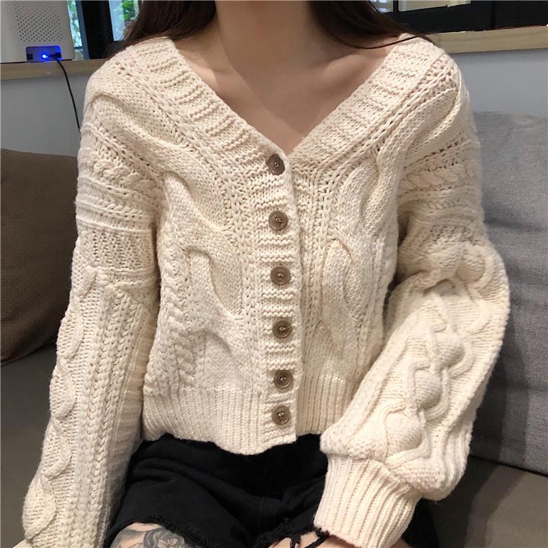 Autumn Winter Women's Cardigan Korean Style The Retro Solid Color V-neck Knitted Cardigan Loose Short Twist Sweater Coats LL503 201031