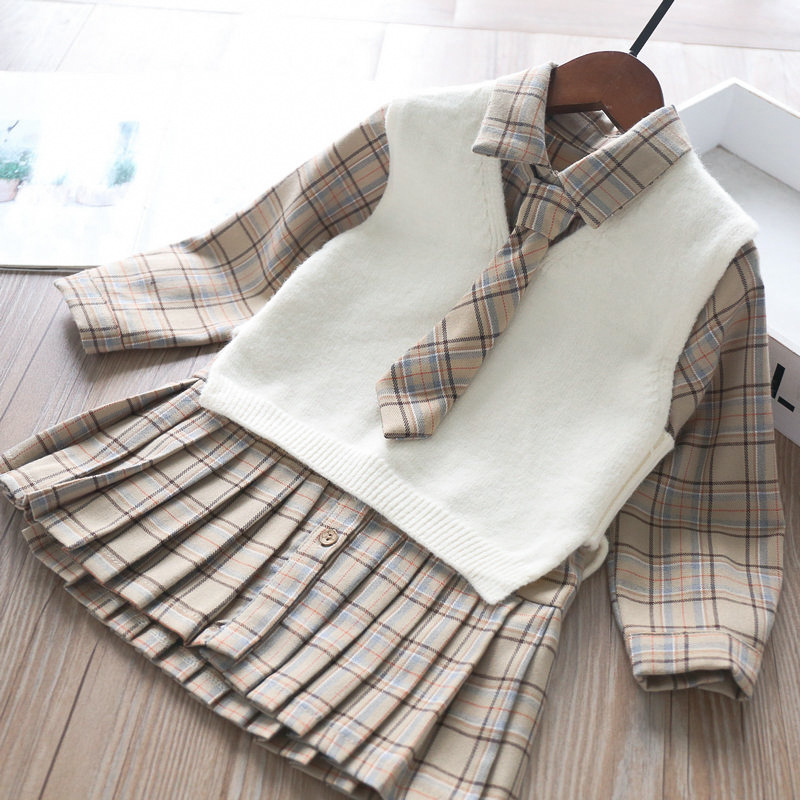 Girl's Two - Piece Tie Knit Two-color Tank Top Check Skirt Set Kids Clothes Girls Girls Boutique Outfits girls outfitsX1019