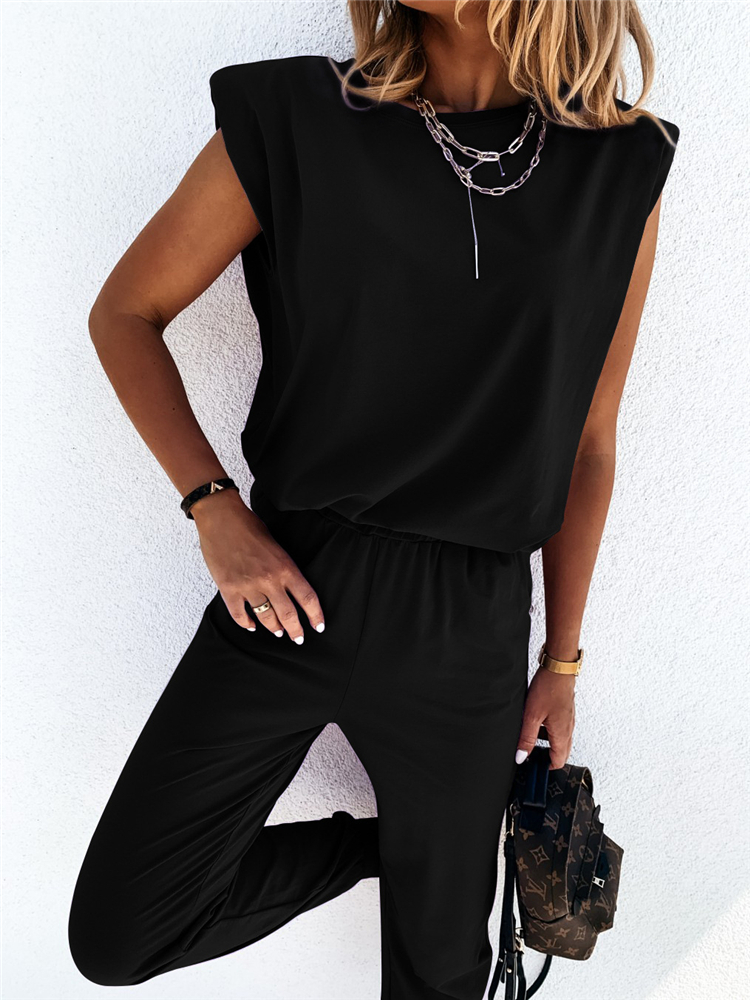 Womens 2 Pieces Sets Shoulder Pads T Shirts And Long Pants Female Tracksuit Sleeveless Solid Sport Suits Fashion Ladies Clothes 201104