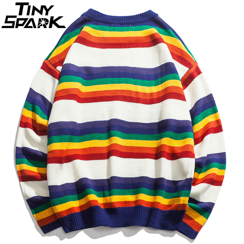 Harajuku Retro Rainbow Knitted Striped Sweater Mens Hip Hop Pullover Sweater Streetwear Male Fashion Autumn Sweater Cotton 201118