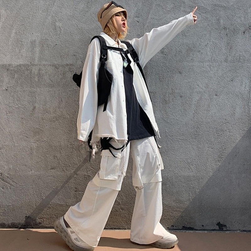 QWEEK Harajuku Goth White Cargo Pants Women Mall Goth Hippie Moda Punk Pants Loose Pants With Chain Baggy Oversize Korean Style 201228