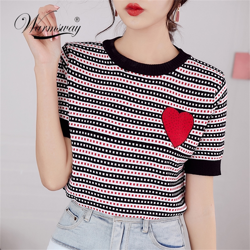 Luxury Designer Brand Knitted Top for Women O Neck Hot Drilling Red Love Striped Knitted T Shirts Black Blue LJ200814
Luxury Designer Brand Knitted Top for Women O Neck Hot Drilling Red Love Striped Knitted T Shirts Black Blue LJ200814