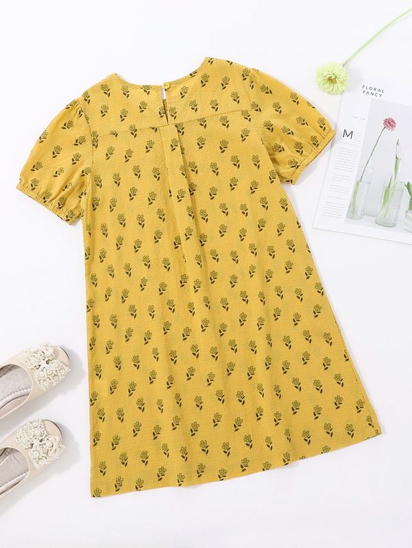 Girls Ditsy Floral Print Puff Sleeve Keyhole Back Dress SHE