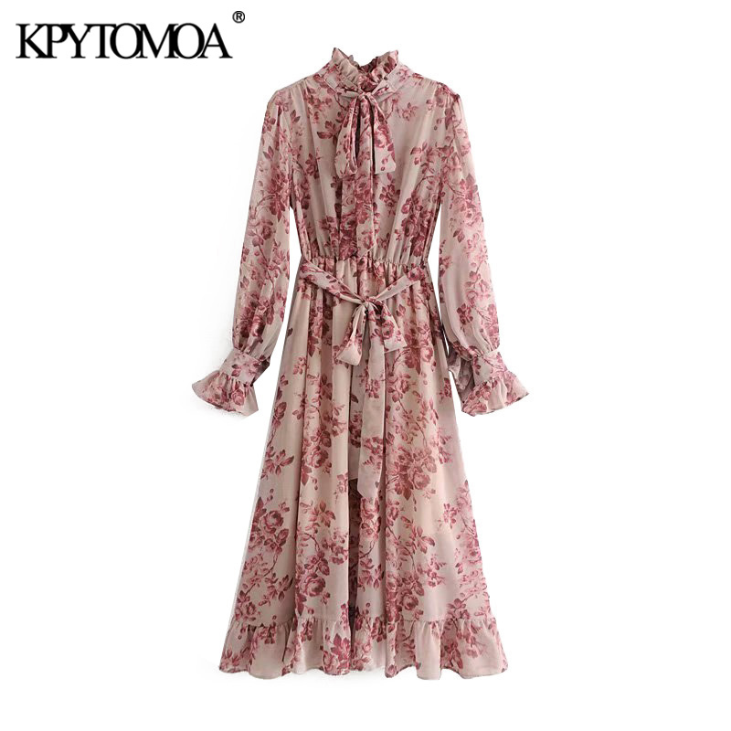Vintage Floral Print Sashes Ruffled Pleated Dress Women 2020 Fashion Bow Tie Collar Long Sleeve Dresses Casual Vestidos Mujer LJ201204