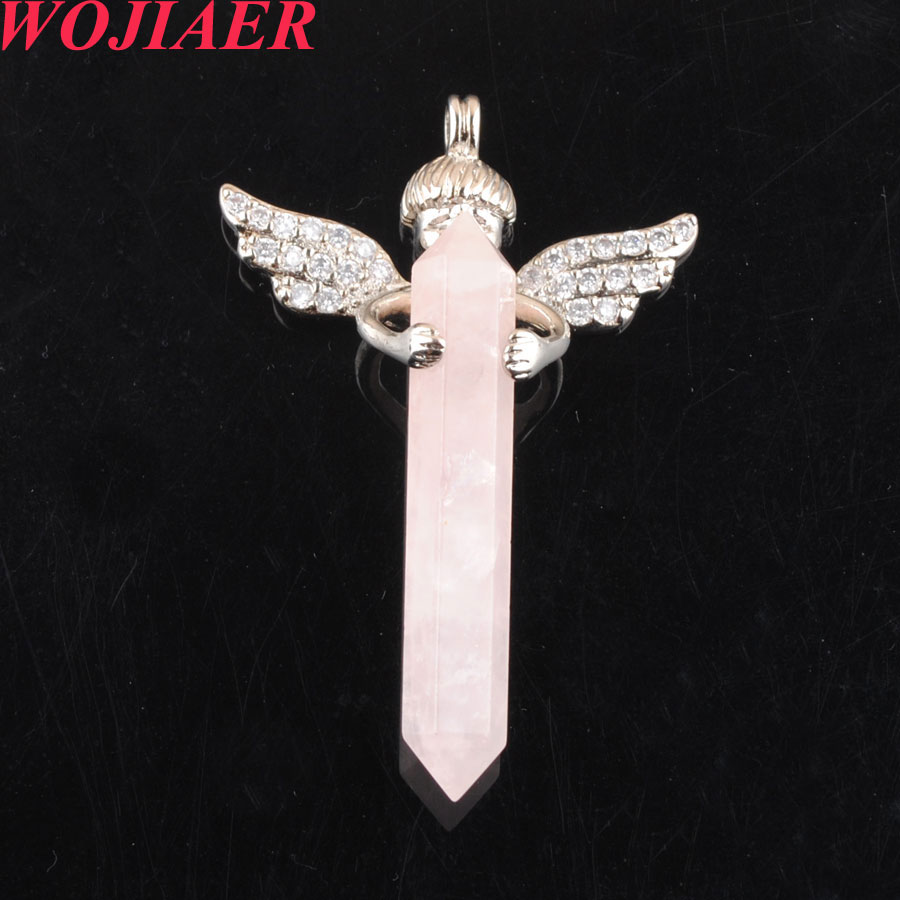WOJIAER Natural Stones Pendant Long Sword Hexagonal Prism Cupid Angel Wings for Necklaces Crystal Women Men Jewelry DBO907