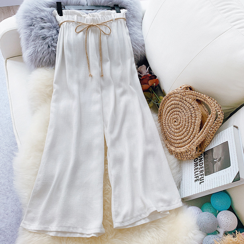 ZADORIN Korean Casual Summer Wide Leg Pants Women Linen High Waist Palazzo Pants With Belt Black White Loose Wide leg Trousers T200319