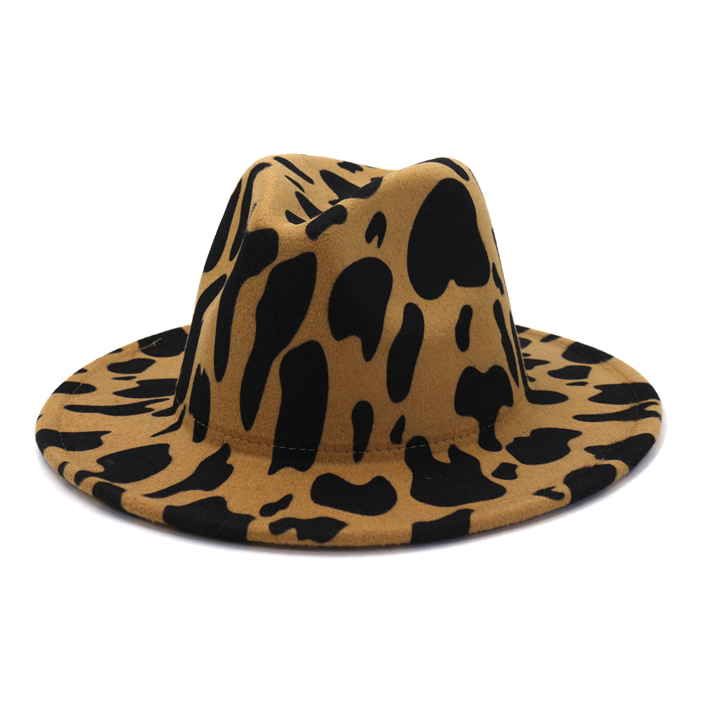 European US British Style Cow Print Jazz Felt Hat Faux Wool Fedora Hats Women Men Wide Brim Panama Party Formal Hat