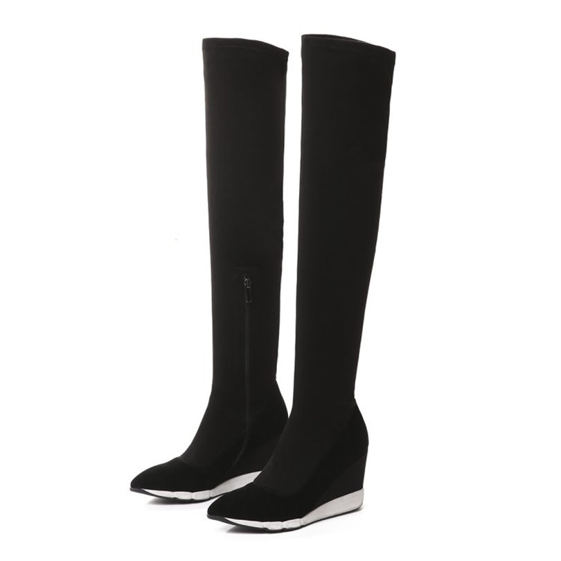 Hot Sale-Thigh High Boots Women Black Genuine Leather Over The Knee High Riding Booties Wedges Heel Tall Shaft Pumps