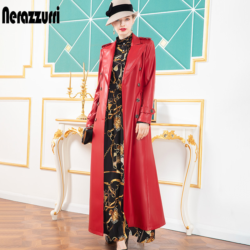 Nerazzurri Red long leather trench coat for women long sleeve sashes lapel Maxi soft rain coat women British style leather coats 201226