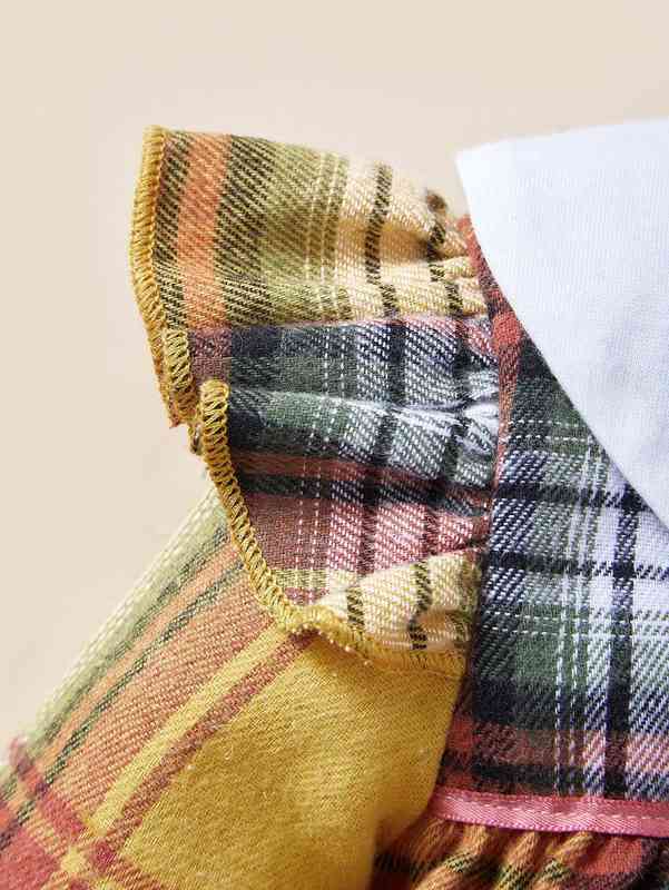 Baby Tartan Print Contrast Peter-pan Collar Ruffle Trim Dress SHE