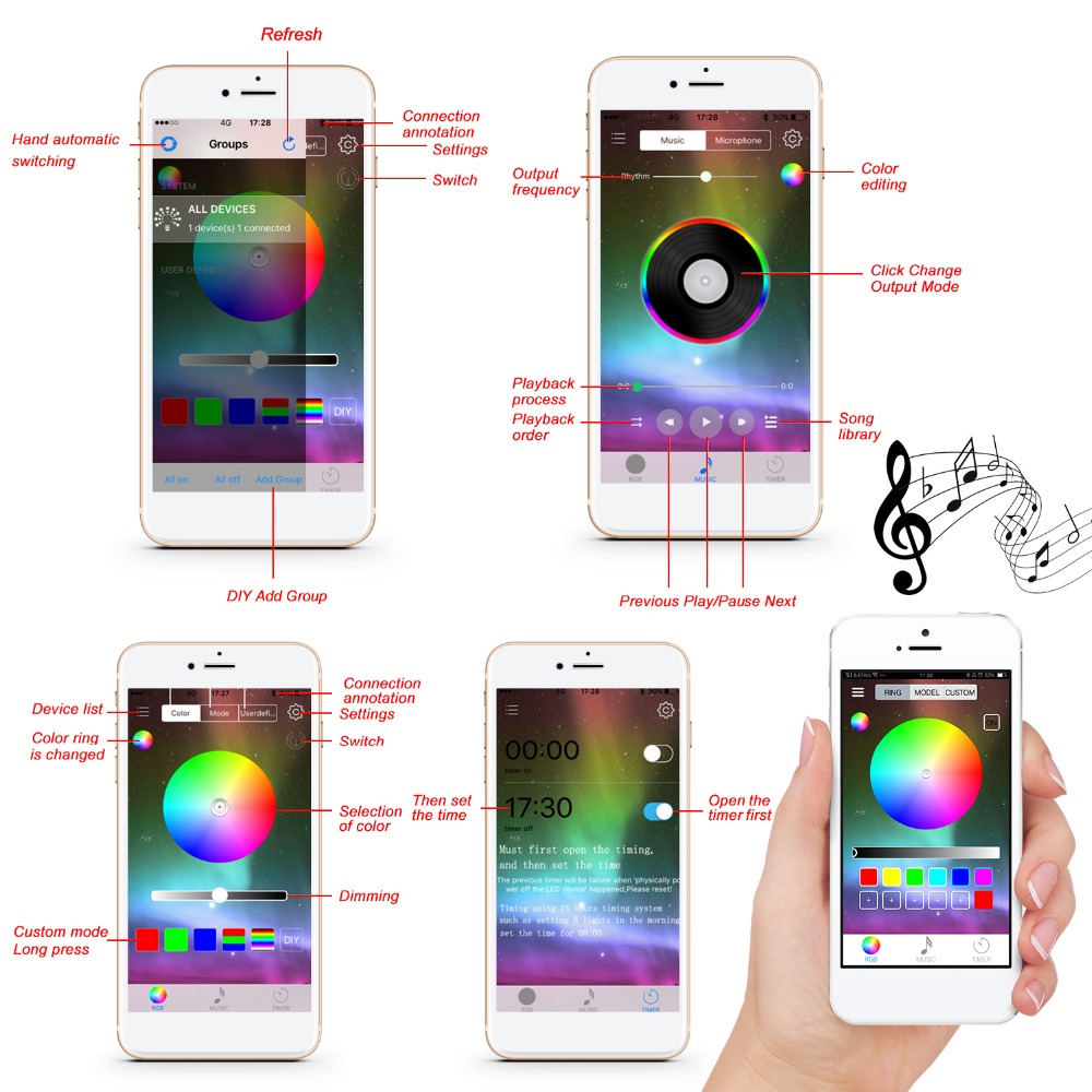 4Pcs 48-LEDs Car Interior Atmosphere Decorative Lighting Kit, Multi Color With Sound Active Function Wireless Remote Control