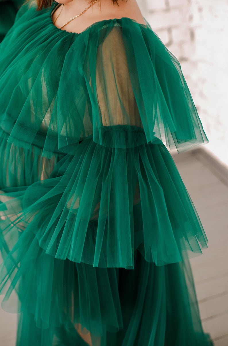 Dark Green Tulle Ladies Ruffles Bathrobe Sleepwear Bridal Long Nightgowns Women Birthday Party Wedding Gowns Shower Robes