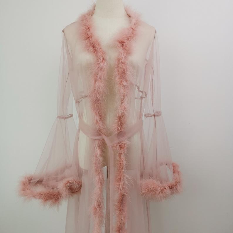 Pink Ruffles Women Winter Luxury Fur Feather Kimono Pregnant Party Sleepwear Full Sleeves Maternity Photoshoot Dress For baby Shower